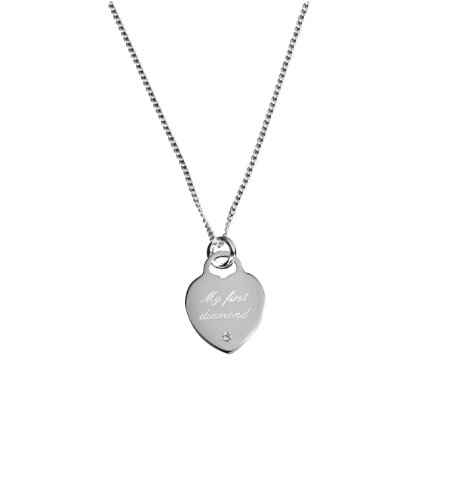 Beautiful heart shaped 'My First Diamond' silver necklace. Diamond inset. Sterling silver. Perfect for a new baby or little girl.