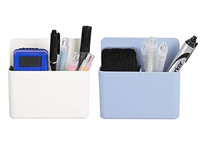 JIAHG Porte-Crayon Magnétique Pot à Crayons en Plastique Étui à Stylo Réglable Porte-stylo Boîte de Rangement pour Tableau Blanc Stylos Marqueurs Casier Accessoires Papeterie - Bleu/Blanc (2Pcs)