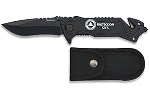 MARTINEZ ALBAINOX AB Navaja grabado PROTECCIÓN CIVIL grabada PROTECCIÓN CIVIL Negra Mango de Aluminio y Hoja de 8,1 cm cm para Camping, Caza, Pesca, Supervivencia y Bushcraft Albainox 19520GR262 + Portabotellas de regalo