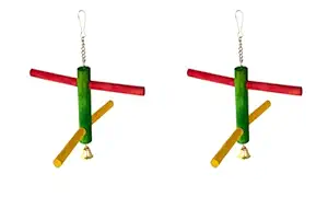 KSK 2 Pcs Wooden Hanging Bell with Hammock Climbing Natural Swing Pet Birds Cage Toys for Small Parakeet Cockatiel Conures Finches Budgie Love Birds. (Small, Multi Colored)