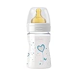 Anticólicos Chicco Wellbeing - Biberón de vidrio/cristal con tetina látex anti cólicos, flujo normal, 150 ml, bebés 0 m+, color azul