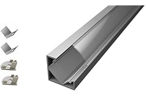 PIANETA LED Profilé en aluminium 45° 6063 TL1919 en barres de 2 m pour rubans à LED avec verre opaque ou transparent et bouchons et crochets de montage inclus (1 barre de 2 m, coque transparente)