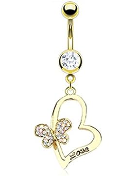 beyoutifulthings Bauch-nabelpiercing Anhänger VERGOLDETE HERZEN 1,6mm 10mm Stab Nabel-piercing Edelstahl Chirurgenstahl...