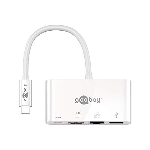 Goobay 62105 USB-C Multiport-Adapter HDMI + Ethernet, Power Delivery, Weiß, Erweitert ein USB-C Gerät um einen Ethernet, Einen HDMI- und einen USB 3.0-Anschluss