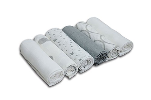 Cuddles Collection Printed Muslin Squares (6 Pack, Silver/ White)