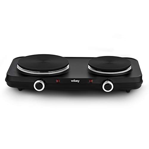Wëasy PLW225 Plaques de cuisson électriques 2 feux Portable, Plaque électrique, Plaque en Fonte Double Chauffante 2 Thermostats 15cm et 18cm, Température réglable, Nettoyage facile, 2250W
