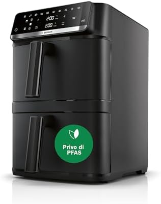 Bosch Friggitrice ad Aria Serie 6, XXL Doppio Cestello 12L, 2 Cestelli da 6L con Funzione SYNC, 6 Programmi Preimpostati, Rivestimento 100% Ceramica Non Tossico, Interno In Metallo, Nero, MAFD661B0
