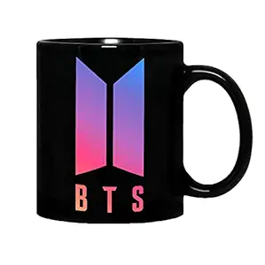 Mug Morning BTS Products for Girls | BTS Original Blue Pink Logo on Black Ceramic Coffee Mug - Black, 325ml
