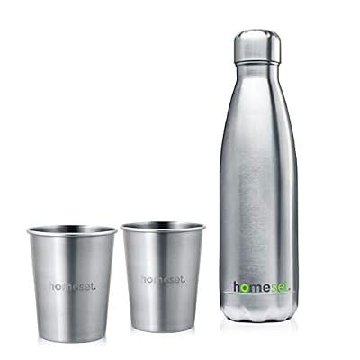 HOMESET Bouteille 500Ml Isotherme Réutilisable en Acier Inoxydable, Gourde inox Double Paroi, + 2 Gobelets Inox, Tasse Café, Thé, Cadeau Ecolo sans Bpa, Thermos Chaud ou Froid (SATISFAIT OU REMBOURSE 30JOURS)