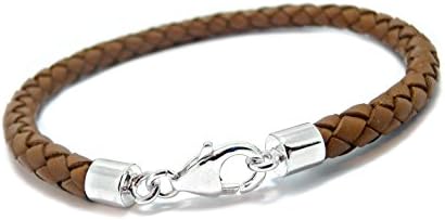 Carla Marie Jewellery Mens Ladies Leather Bracelet Light Brown Chunky Braided Sterling Silver Clasp 7" / 17.5cm