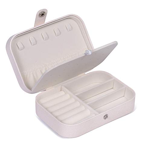 Huker Joyero Pequeña, Joyero portátil de Viaje para Mujer, Jewelry Organizer para Anillos Aretes Pendientes Pulseras y Collares, 16,5 x 11,5 x 5,5 cm (Blanco)