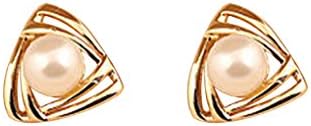 Xiang Womens Girls Sparkling Pearls Hollow Triangular Stud Earrings Gold