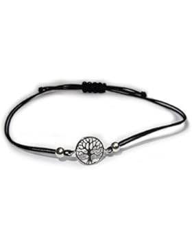 schwarzes Nylon Damen Armband mit Lebensbaum aus 925er Sterling Silber
