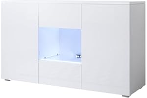 ‎MB MUEBLES BONITOS MB Muebles Bonitos | Sideboard | Wohzimmer Esszimmer Schrank Möbel | Breite 120 x Höhe 72 x Tiefe 45 cm | Glänzendes Melamin | 3 Türen | Stehendes Modell mit 2cm Füßen | Weiß | Modell Luke A2