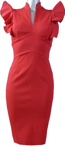 Hybrid Style V Neck Frill Bodycon Wiggle Dress (HYD) Red , size 12