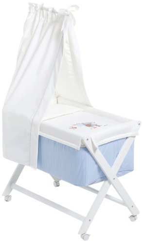 Cambrass 46 x 78cm Small White Wood Frame Bed with Canopy with Applique Designer Cow (Collection 74, White/ Blue)