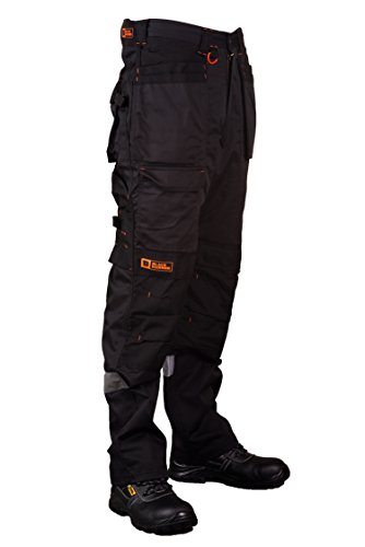 Pantalones de seguridad masculinos multi-bolsillo de gran resistencia y uso industrial con costuras triples reforzadas y refuerzos de tejido Cordura en puntos de tensión y bolsillos en las rodilleras - Black Hammer