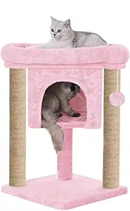 Hiputee Cat Kitten Scratching Post Cat Activity Tree | Plush Fur Fabric | Dangling Ball | Condo & Detachable Bed | Natural Sisal/Jute Covered Rope (Height 23 Inch) (Pink)