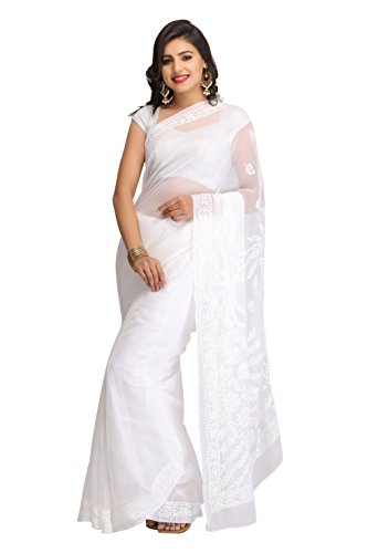 AdaHand Embroidered Lucknow Chikankari Ethnic Wear Georgette Saree with Blouse Piece for Women - Saree2590