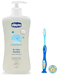 Chicco No-tears Shampoo for Soft and Tangle-free Baby Hair, Dermatologically tested, Paraben free (500 ml) & Chicco Toothbrush (Assorted colors)
