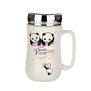 SATYAM KRAFT Panda Ceramic Coffee Mug With Glass Lid for Tea, Coffee, Milk, Beverage, Best Gift to Girls, boys, Men, Women, Girlfriend, Boyfriend, Husband Wife, Friends, Anniversary, Birthday- (1 Piece, White, 400 ml)