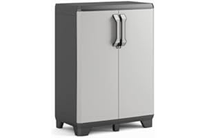 KETER Armoire Basse GEAR - Armoire de Rangement en Résine Multifonctions - Étagères Modulables, Pieds Renforcés, Charnières Métalliques - Cuisine, Garage, Atelier, Placard - 68 x 39 x 97 cm - Gris