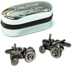 Novelty TRACTOR Burnished Silver Cufflinks wih Personalised Chrome case Engraved Free