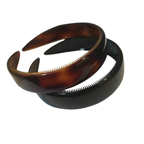 Parcelona French (Set of 2) Wide 1 Inch Tortoise Shell Brown and Black Headbands with Inner Teeth Nibs by Parcelona