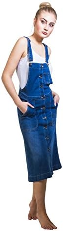 Button front Denim Dungaree Dress Flared Bib overall Dress with Stretch VERONA-12