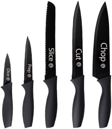 MasterChef Set Coltelli da Cucina, Collezione di Coltello Chef per Pane, Carne e Verdure, Acciaio Inox, Prova di Calore, Lavabile in Lavastoviglie, 5 Pezzi, Nero, Captions