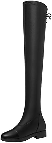 Worply Women Lady Leather Round Toe Over The Knee Boots Lace Up Slip On Long Block Heels Black(5.5 UK)
