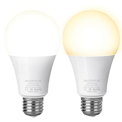 Bombilla Inteligente LED 9W WiFi Lámpara ANOOPSYCHE LED WiFi Smart Bulb E27 no requiere Hub 2700K-6500K 60W Equivalente 800LM Bombilla con Amazon Echo y Google Home 2 Pack