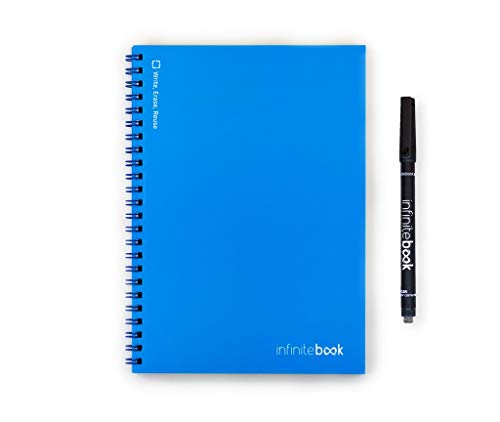 InfiniteBook (By EcoBook) - Cuaderno reutilizable (A5, liso, espirales, incluye bolígrafo negro), azul