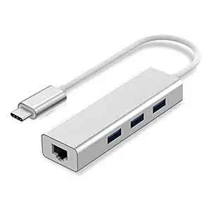 rts USB-C to 3-Port + RJ45 Adapter Type-C to Gigabit Ethernet LAN Network + 3 USB Ported Converter for MacBook/Pro/iMac/ChromeBook (Silver)