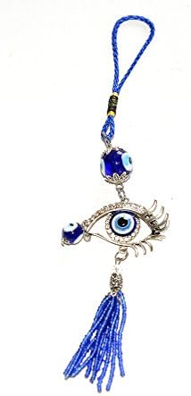Cypriot Hand Made Rearview Car Mirror Or Wall Hanging Eye Shape Glass Evil Eye Ornament Talisman Charm With Additional Glass Evil Eye Beads And Beaded Tassels