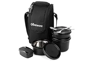 Oliveware Executive Micro Safe Lunch Box | 3 Stainless Steel Containers | Microwave Safe | Insulated Fabric Bag | Leak Proof | Full Meal (Black)