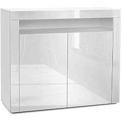 Vladon Commode Buffet Valencia, Corps en Blanc Mat/Façades en Blanc Haute Brillance avec Une Bordure en Blanc Haute Brillance