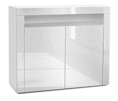Vladon Commode Buffet Valencia, Corps en Blanc Mat/Façades en Blanc Haute Brillance avec Une Bordure en Blanc Haute Brillance
