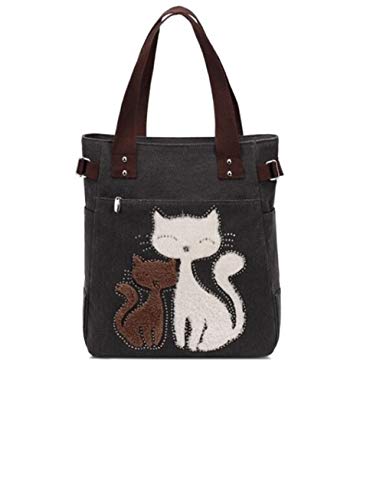 Preisvergleich Produktbild Sun Glower Zurück zu Schullektion Tragetaschen Weibliche Dreidimensionale Nette Katze Leinwand Umhängetasche Einfache Datei Shopping Handtasche (Schwarz)