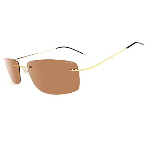 RONSOU Titane Lunettes de Soleil Polarisées de La Mode pour Hommes Sans Monture Ultra-légères_Monture Doré Verres Marrons