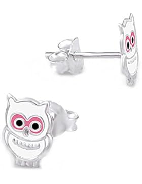 SL-Silver Kinderohrringe kleine Eule Uhu 925 Silber in Geschenkbox (Weiss-Pink)
