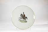 alt, antik, schön Zierteller, gemarkt KPM, 1939, Zeptermarke, roter Reichsapfel und Malermarken, weißer, gemuldeter Teller mit Goldrand, in der Mitte Husar auf Pferd, 5. Blüchersches Husaren Regiment 1830, Rückseite mit Beschriftung: Hoppegarten 1939, absolut hochwertige Malerei, unbeschädigter Zustand. D: 26 cm, Plate, marked KPM Berlin, painted with a hussar, from the 5th Blüscher regiment 1830, very fine painting, undamaged.
