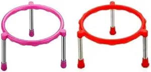 RHF Matka stand Plastic Pot Stand, Plant Pot Stand - Stainless Steel Legs- Pink & Red, Pack of-2