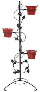 Green Gardenia Iron Leaf Corner Pot Stand with 3 Planter (45 x 40 x 125, GGILPS3P7) (Red)
