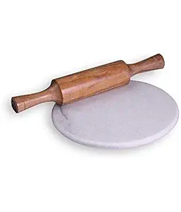 KlassicKraft Hand Made Marble Chakla/Roti Maker (White : 9 inches) (Anti Skid Bottom) with belan (Rolling Pin) for Kitchen