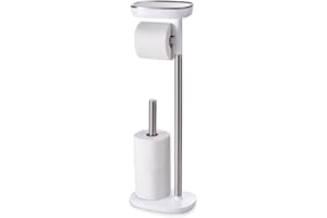 Joseph Joseph Bathroom EasyStore Free Standing Toilet Paper Roll Holder with small storage shelf, Stainless Steel, 24 , White / Steel