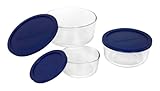 Pyrex Simply Store Lebensmittelbehälter, rund, 6 Stück, aus Glas, mit 2 Tassen, 4 Tassen und 7 Tassen, mit blauen Kunststoffdeckeln