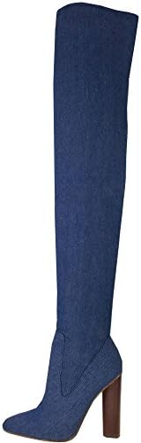 Ladies High Rounded Heel Stretch Slim Leg Over The Knee Boots Mid Blue Denim UK 3, EU 36