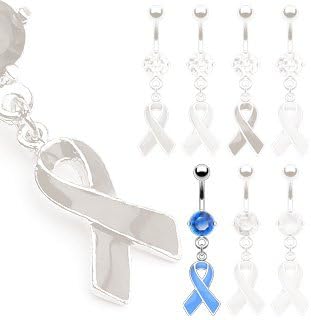 Azzire 316L Surgical Stainless Steel Navel Belly Bar - A Light Blue Stone and Light Blue Awareness Ribbon Dangle on a 3/8" (10mm) long. 14 Gauge Bar.