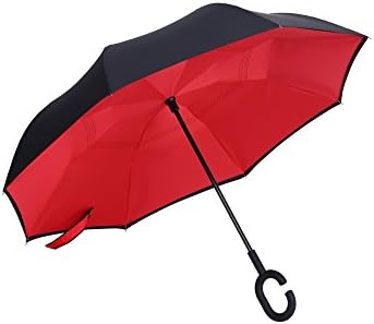 FiveMax Reverse Car Umbrella Double Layer Superior UV Protection Hands Free Inverted Umbrella (Red)